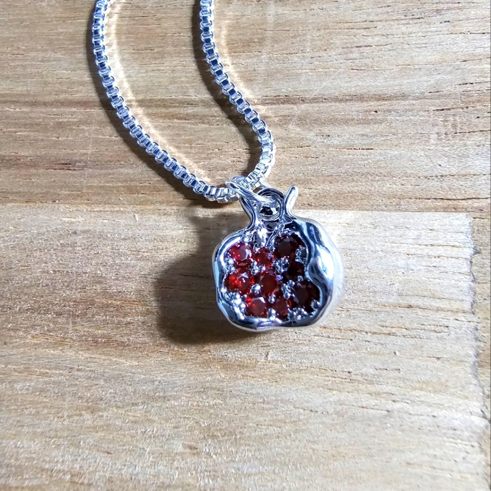 Silver Pomegranate Charm Necklace 18 Inch Box Chain With 9 Red Rhinestone Seeds